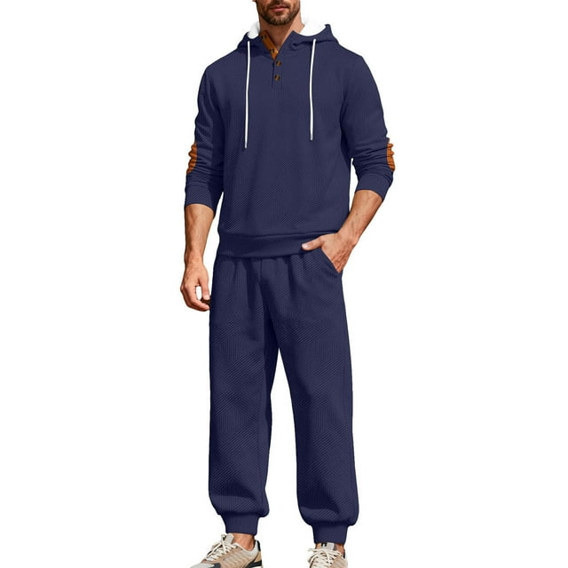 Men's Casual Tracksuit Set with Hooded Top, Long Sleeves, Button Front, Drawstring Waistand Elastic Bottom