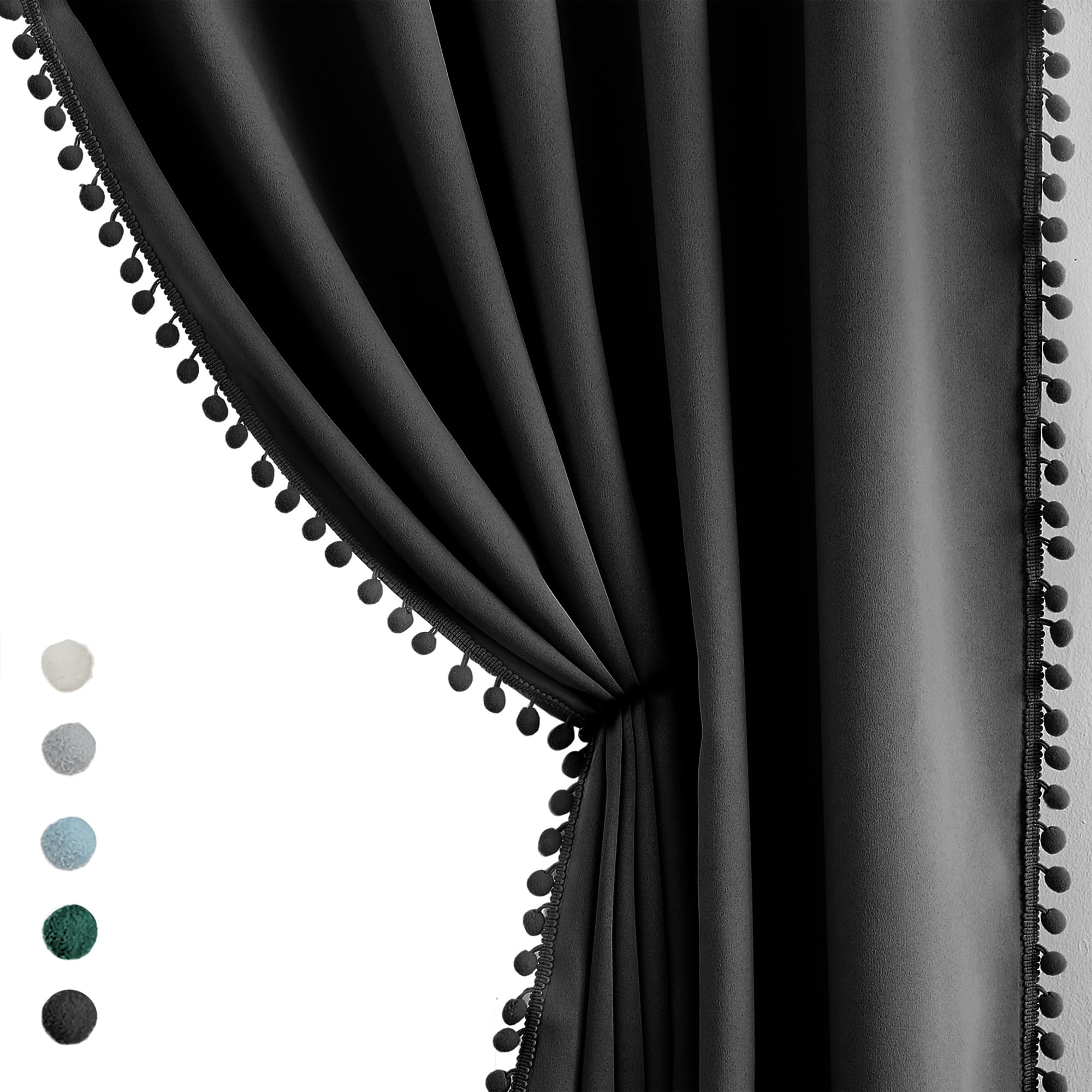 Exultantex Pompom Black Curtains Thermal Insulated Blackout Window Curtain Panels for Room Décor, 50"W x 54"L,Rod Pocket,2 Panels