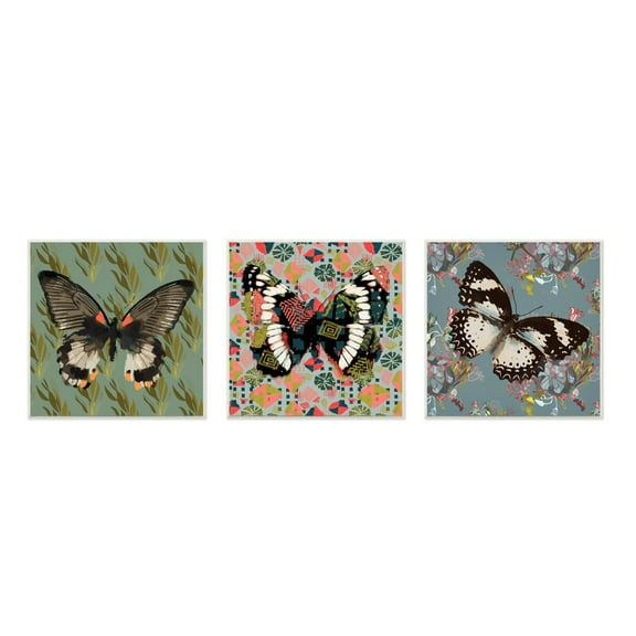 Stupell Industries Butterflies On Pink Blue Gold Patterns Abstract Designs Wall Plaque by Karen Dreyfus, 3 Piece, 12" x 12", Wall Plaque