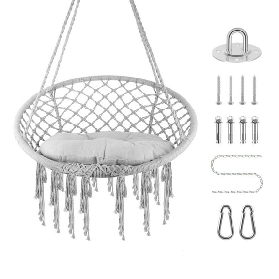 YOEXTO US Hammock Chair, Macrame Swing with Soft Cushion, Cotton Rope Hanging Chair for Indoor Outdoor Patio Backyard, 350lbs Capacity, Grey