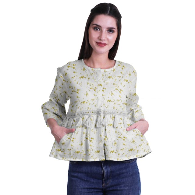 Moomaya T-Shirt à Col Rond pour Femmes à Manches Évasées, Haut Court en Coton Imprimé, Haut Décontracté