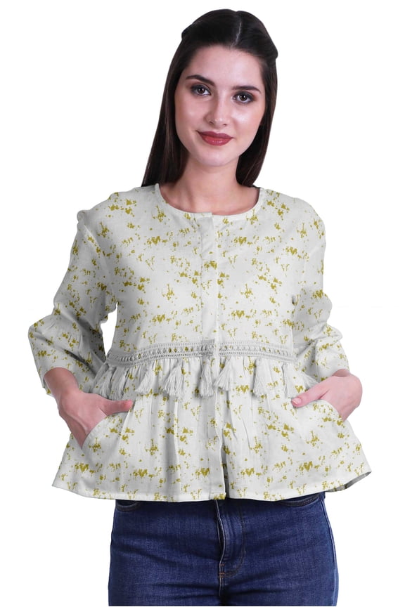 Round Neck Women Bell Sleeve Shirt Printed Cotton Crop Tops Casual Top