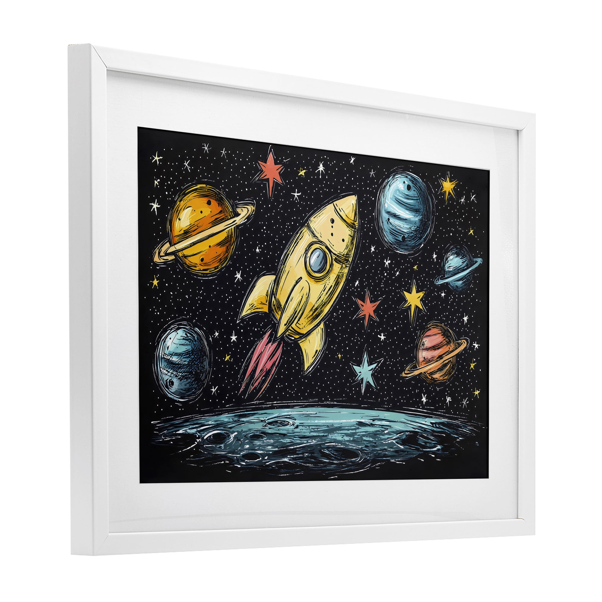 Stupell Industries Whimsical Rocket & Planets White Framed Print Under Glass, design by Creative Studio