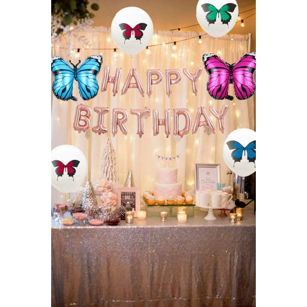Décorations de fête d'anniversaire papillon - Guirlande de ballons - Toile  de fond « Happy Birthday » pour filles - Fournitures d'anniversaire de  jardin avec ballons confettis roses, violets et dorés 