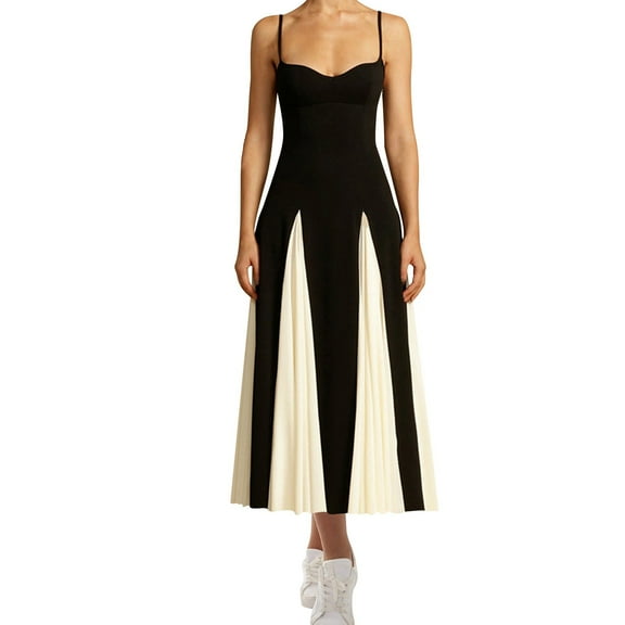 qolati Cocktail Dresses for Women Elegan Sleeveless Color Block Pleated Maxi Dress Low Cut Patchwork Swing Dress High Waist A Line Flowy Dress