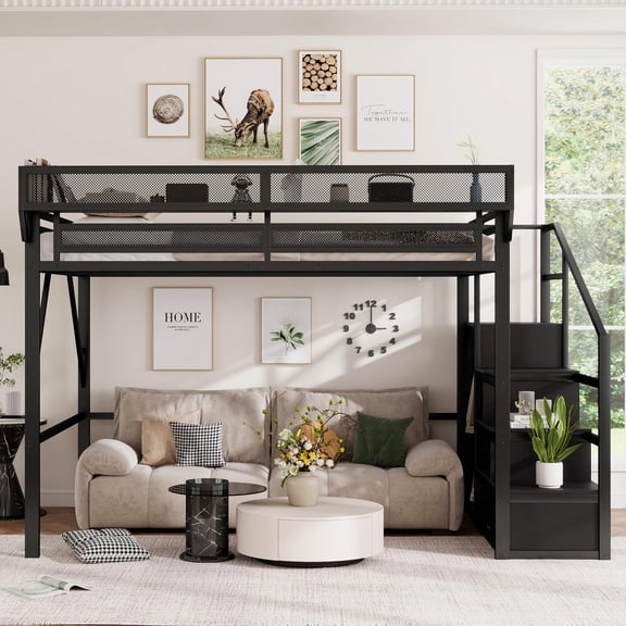 Mirightone Queen Loft Bed with Stairs, Metal Loft Beds Queen Size Adults with Storage Shelves and Wardrobe, Heavy Duty High Loft Bed, All black