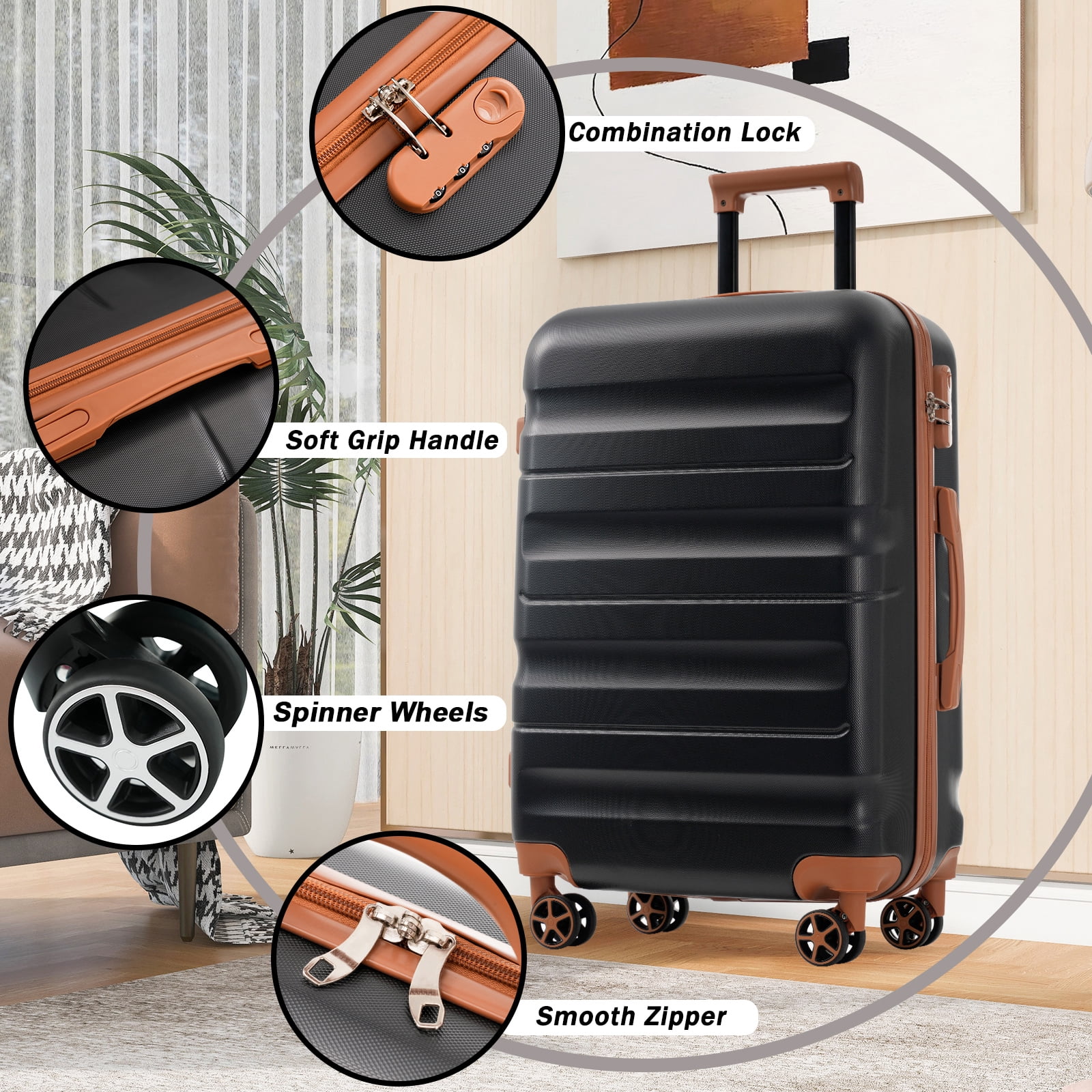 Euroco 13 Piece Luggage Sets ,Lightweight & Durable Suitcases with Spinner Wheels,ABS Hardshell Carry-On & Check-In Sizes for Family Travel,Black