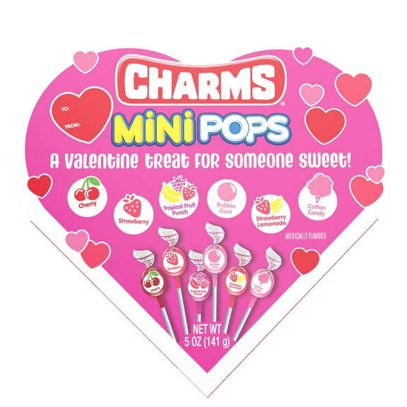 Charms Mini Pops Assorted, Heart Shaped Box, 5 oz. Peanut Free, Gluten Free. Contains Milk and Soy.