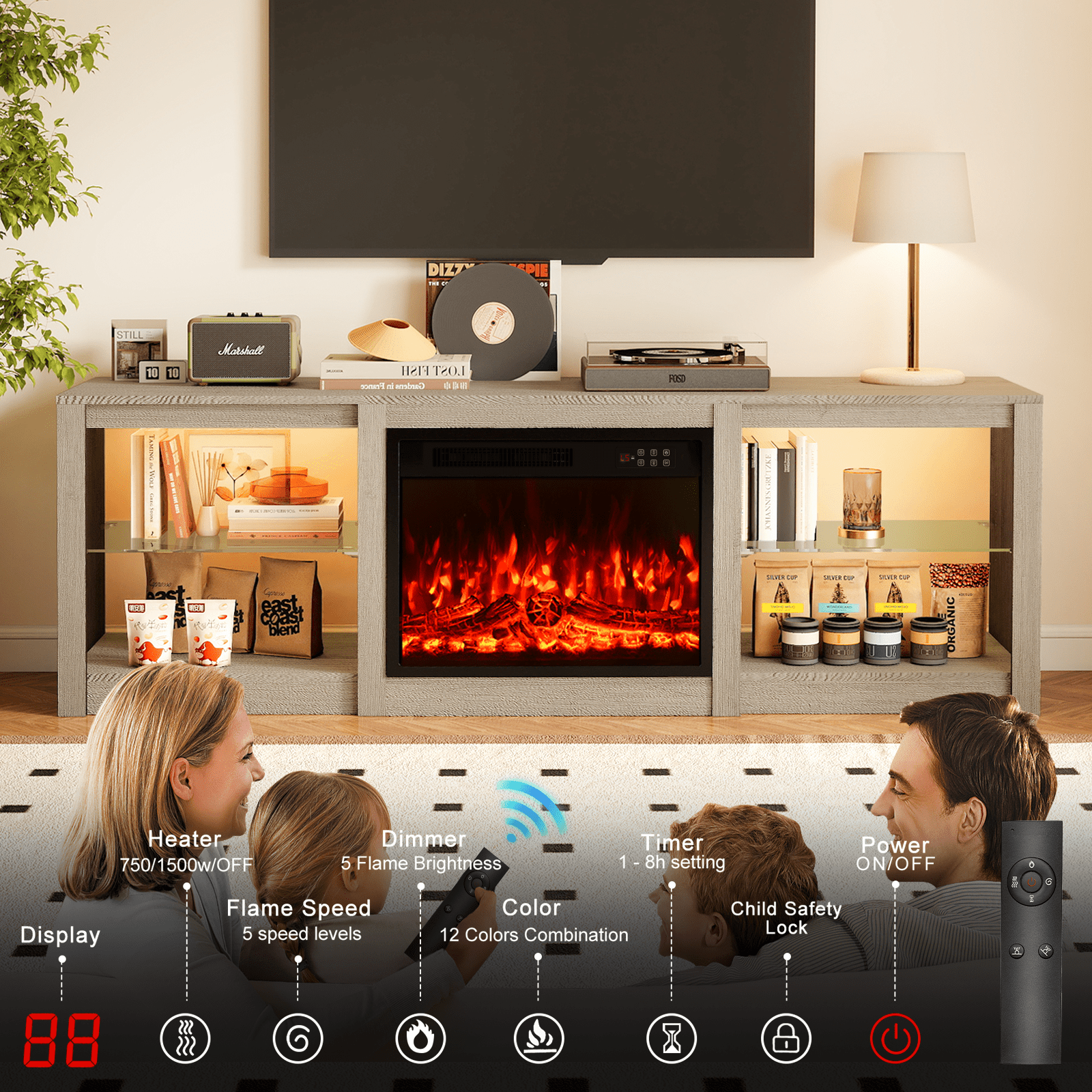 Rocyis 70’’ Fireplace TV Stand with LED Light and Entertainment Center for 80’’ TV with Adjustable Glass Shelves, White TV Console for Living Room/Bedrom,  Gray