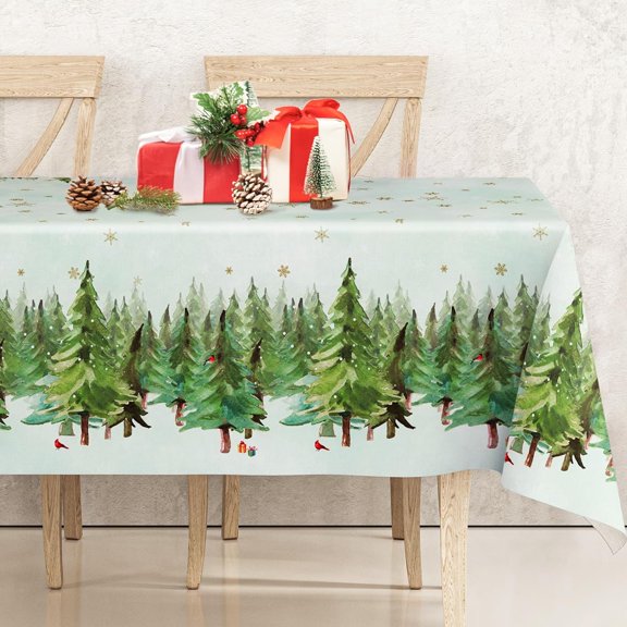 Christmas Tablecloth Watercolor Pine Tree Fabric Table Cloth Rectangle Xmas Pine Forest Table Cover for Holiday Picnic Dinner Table Decor, 60 x 102 Inch