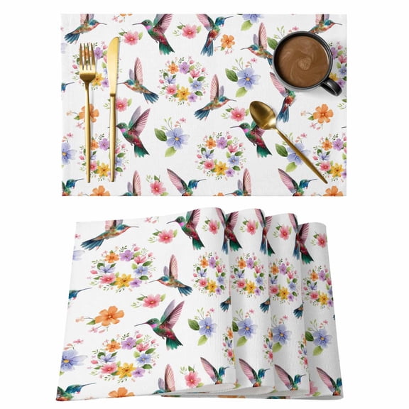 Hummingbirds Placemats Set of 4, Spring Watercolor Flowers Leaf Plant Placemats for Dining Table, Place Mats for Kitchen Tabletop, Waterproof Wipeable Dining Table Mats Set