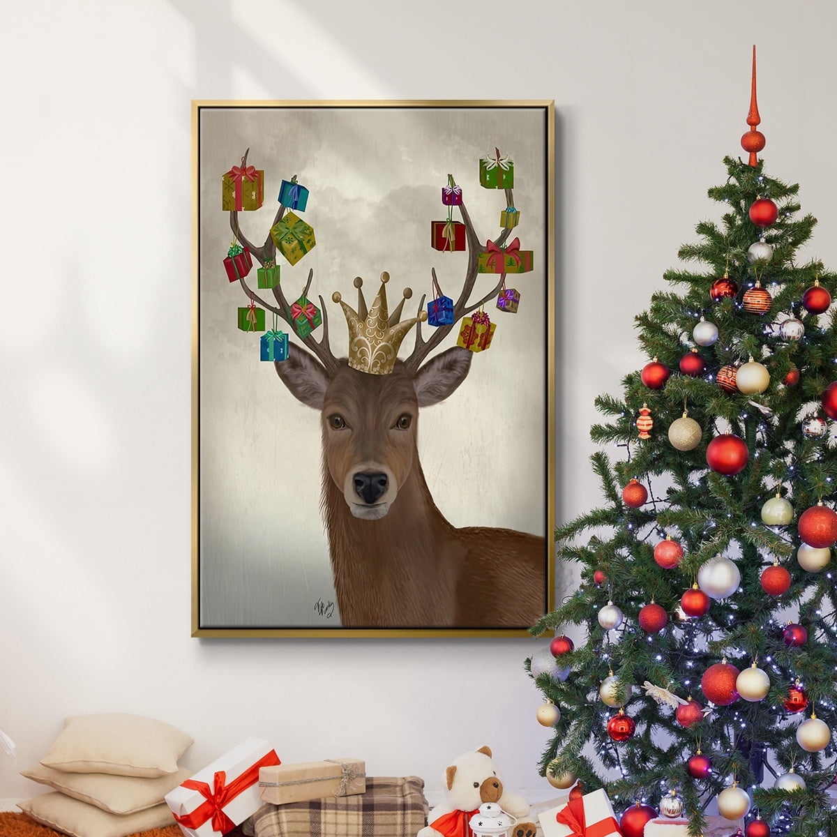Christmas Gift Bearing Deer - Framed Gallery Wrapped Holiday Canvas - 25 x 37 - Gold Frame