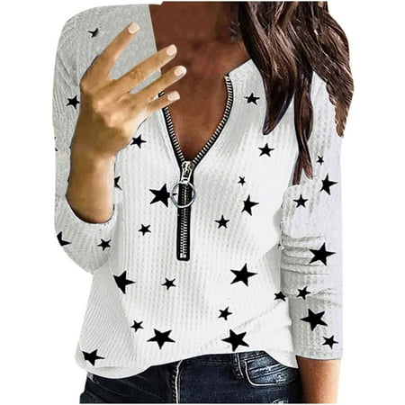 

Women V-Neck Star Printing Zipper Color Block Workout Long Sleeve Casual Blouse Pullovers Top
