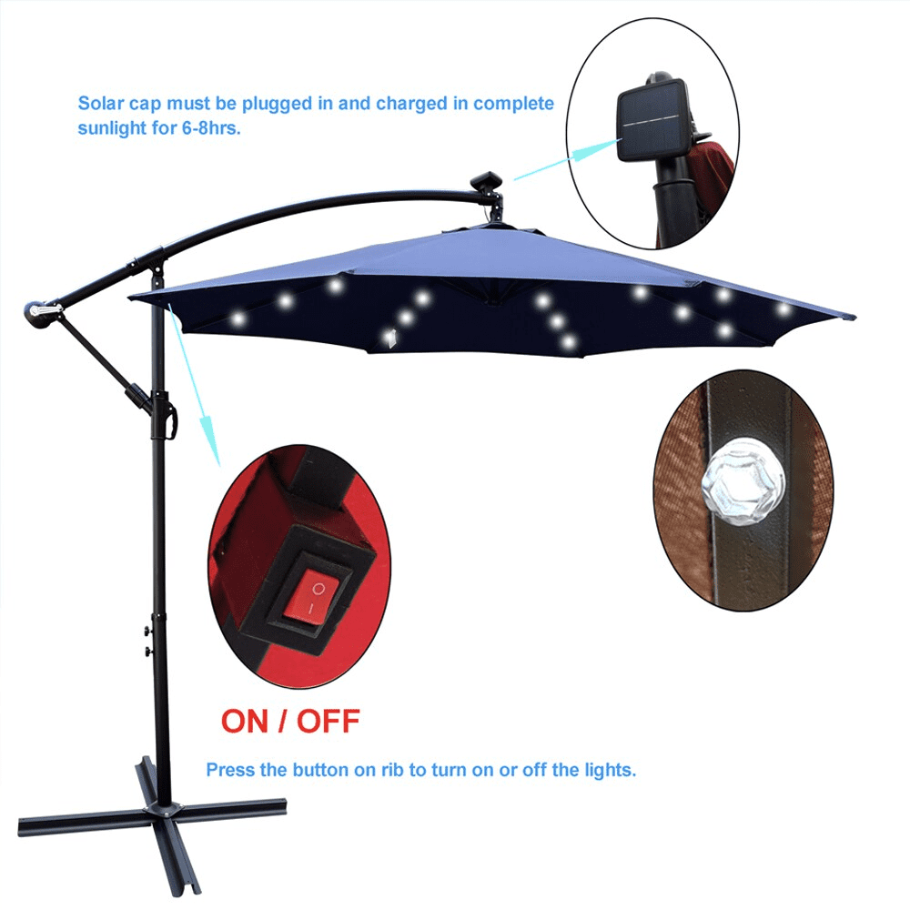 Howcool 10 ft Outdoor Patio Umbrella Solar Powered LED Lighted Sun Shade Market Waterproof 8 Ribs Umbrella with Crank and Cross Base for Garden Deck Backyard Pool Shade Outside Deck Swimming Pool