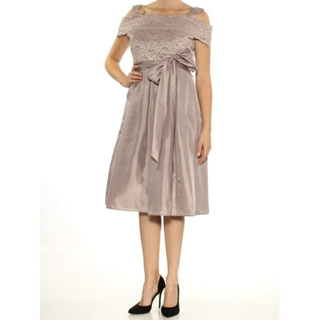 R&M RICHARDS Womens Purple Cold Shoulder Square Neck Knee Length Wrap Dress Formal Dress Petites  Size: