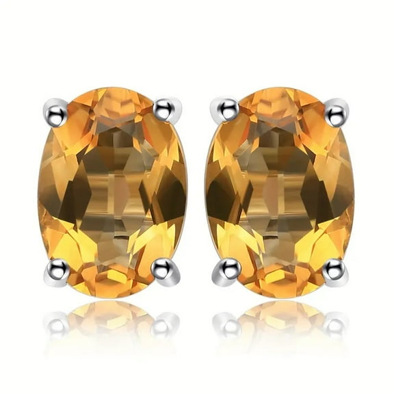 7x5mm Natural Citrine Stud Earrings For Women 18K White Gold Plated- November Birthstone