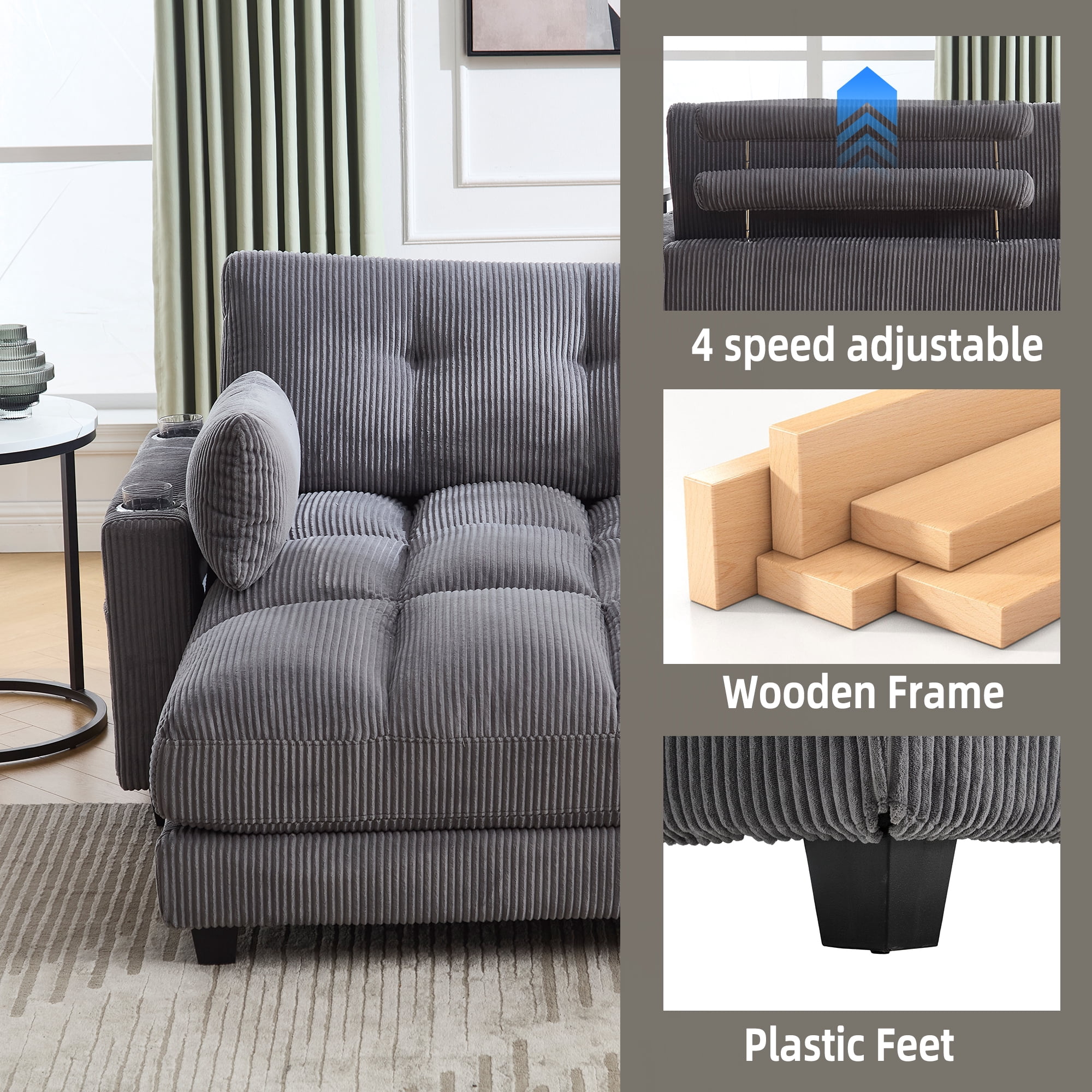 MOONMISS Corduroy Upholstered Soft Deep Seat Sleeper Sofa with USB,TYPE-C&2 Cup Holders-Gray