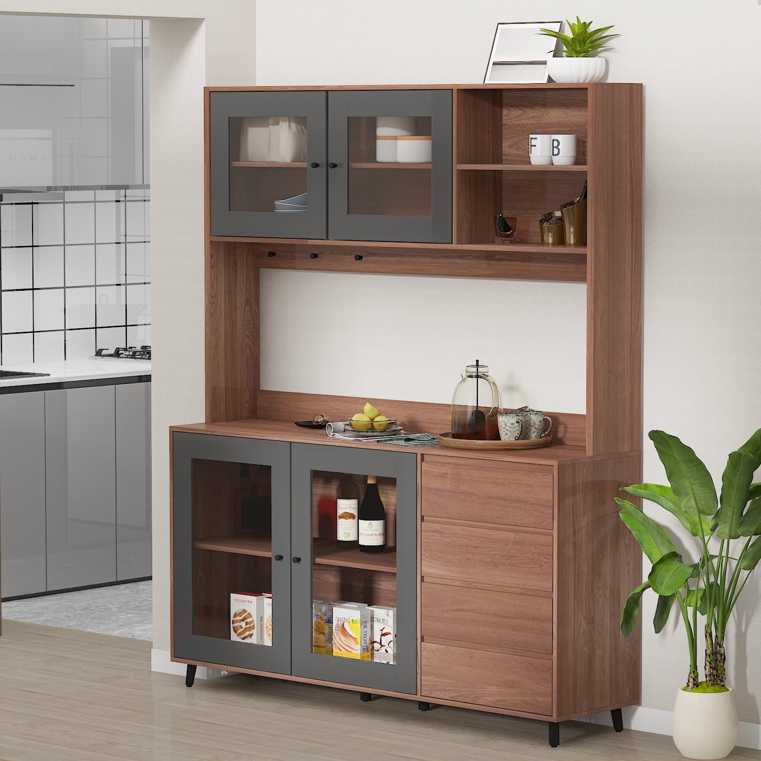WIAWG 63" Modern Kitchen Pantry Storage Cabinet Large Wooden Sideboard Buffet hutch Cupboard Walnut/Black