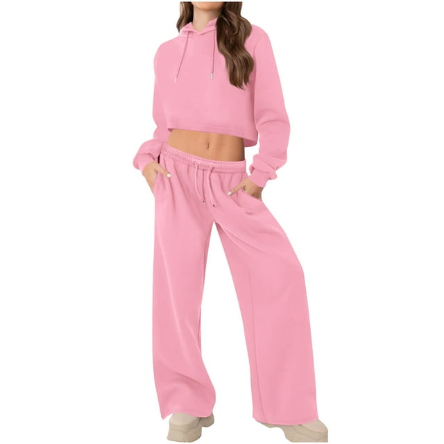 HAiming 2 Piece Sets Outfits for Womens Cropped Hoodies Tops and Wide Leg Pants with Pockets Solid Color Tracksuit
