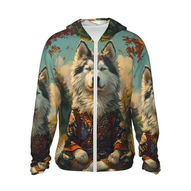 Balery Motif Husky Feuille d'Érable Forêt UPF 50+ Veste à Capuche Légère à Manches Longues pour Femmes Hommes avec Poche Randonnée Extérieur-Moyen