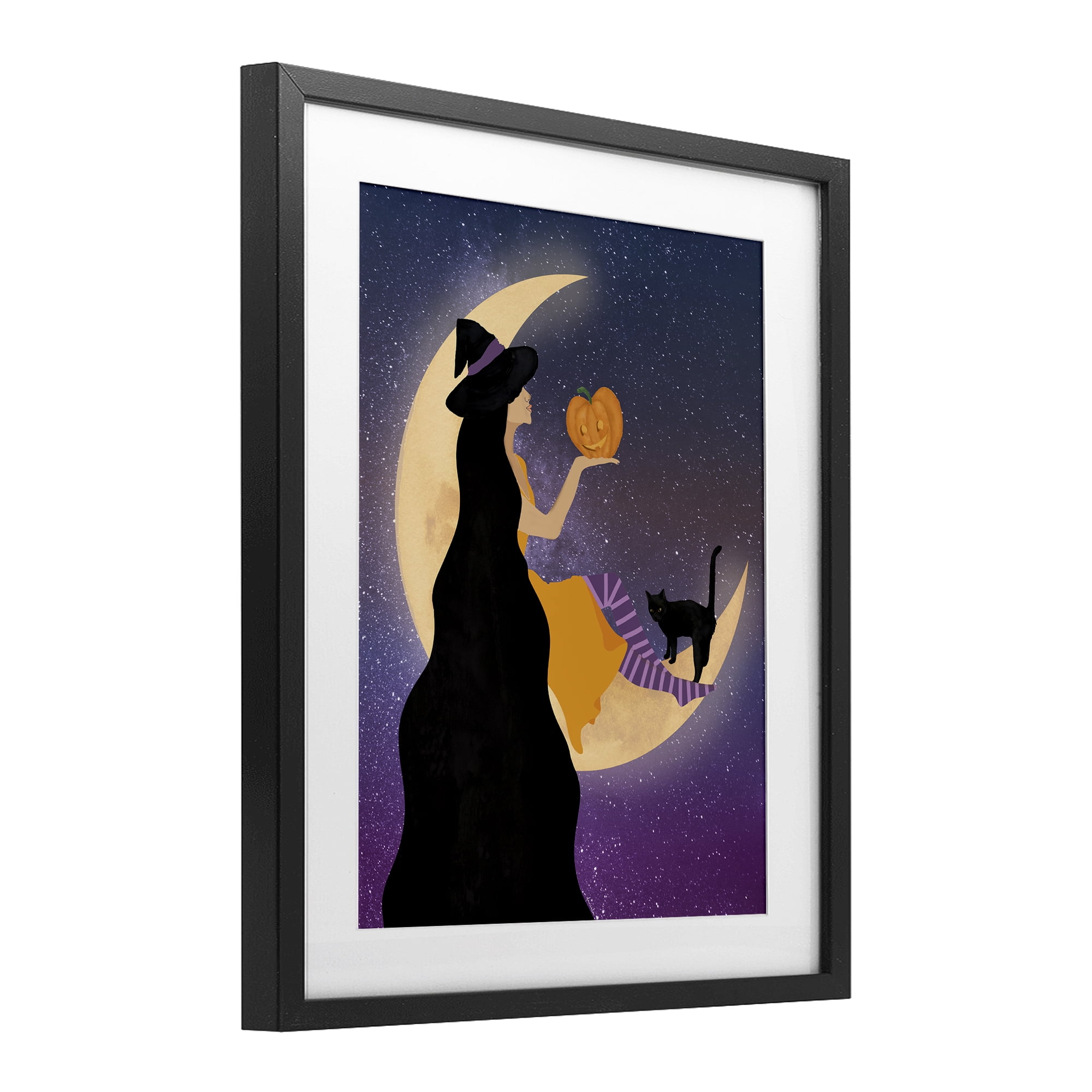 Stupell Industries Moonlit Witch Holding Jack-o-Lantern Black Framed Print Under Glass, design by Daniela Santiago