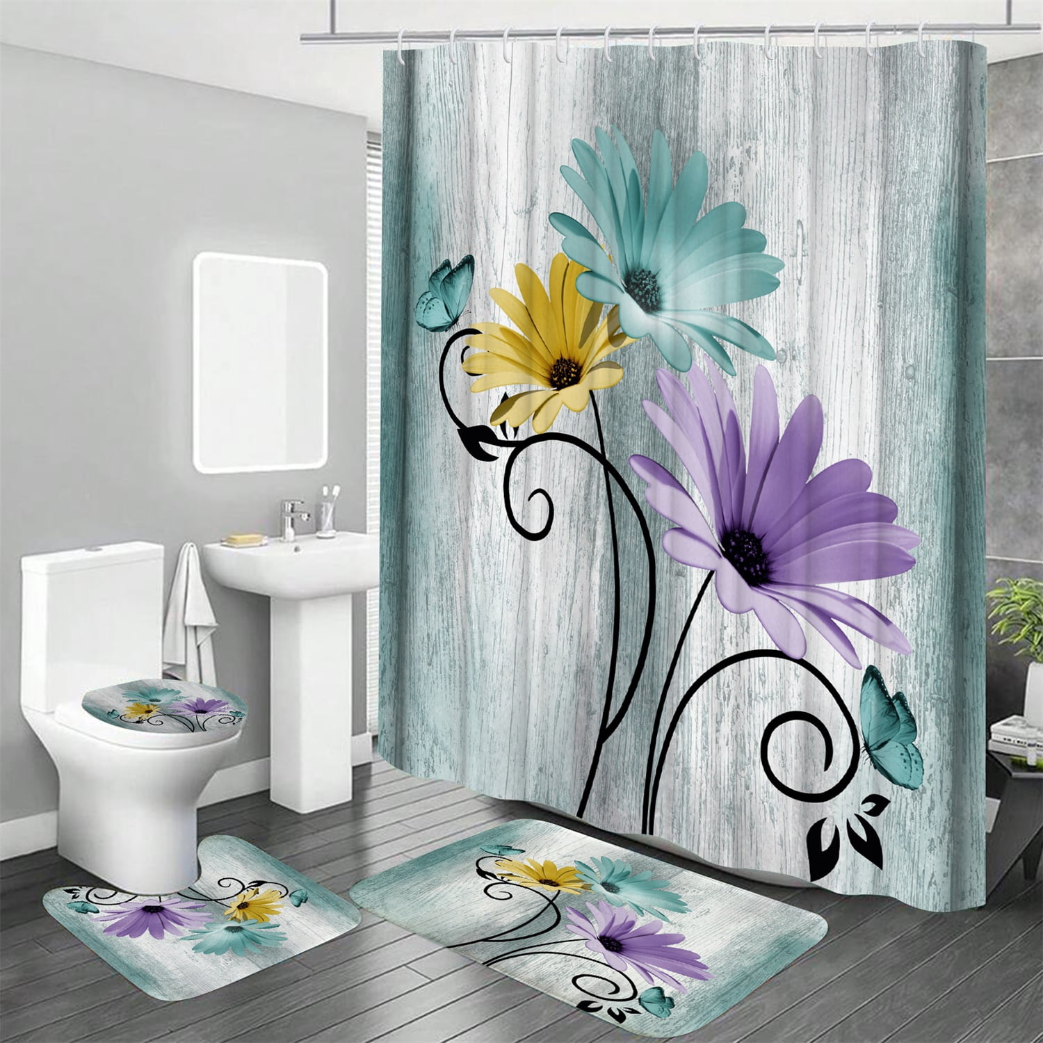 Hadint 4Pcs Blue Green Daisy Floral and Butterfly Shower Curtain Set, Bathroom Shower Curtain and Rug Set, 12 Pcs Hooks, 71inx71in