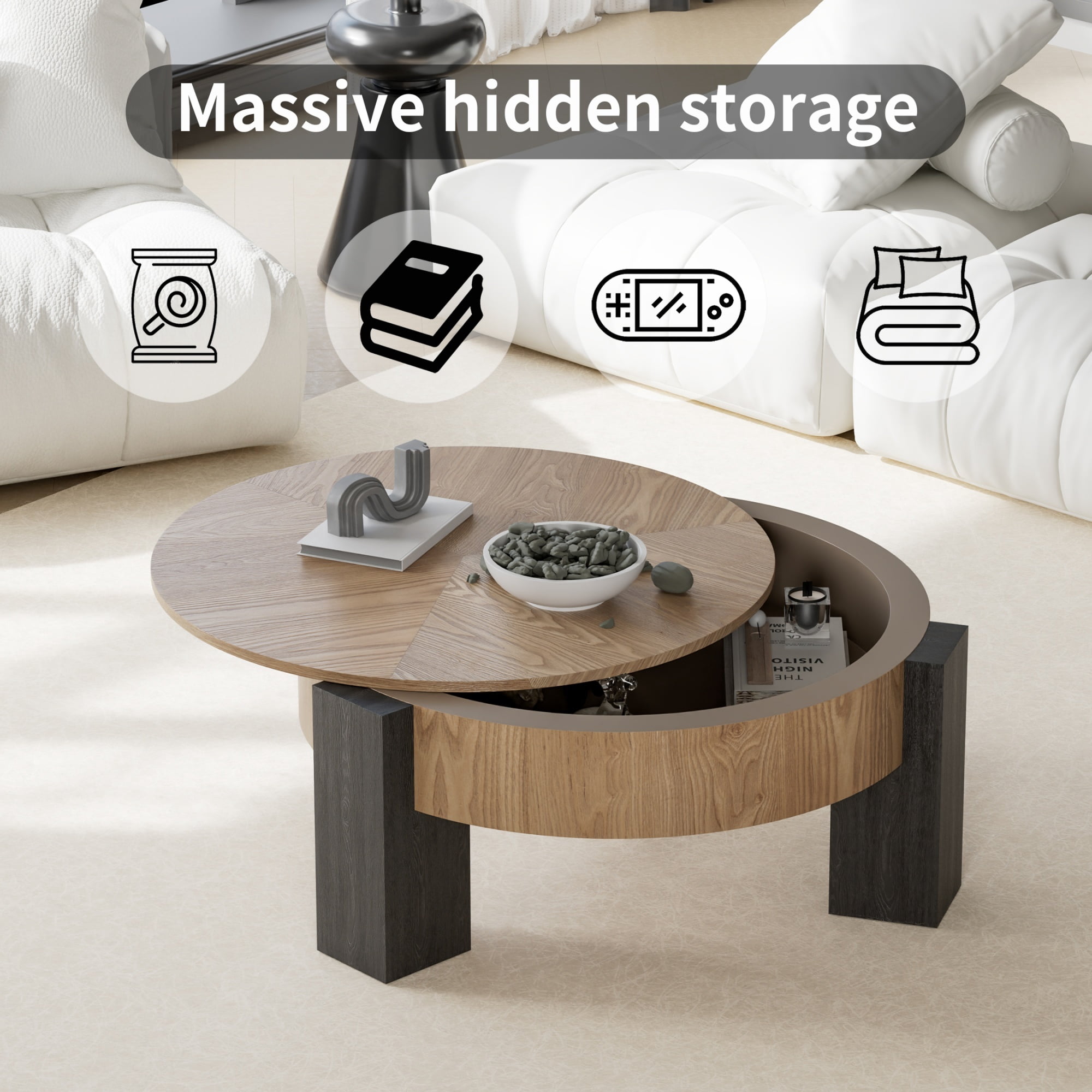 1PCS Round Coffee Table with Hidden Storage Compartment, Modern Wood Veneer Accent Center End Table with 3 Block Legs
