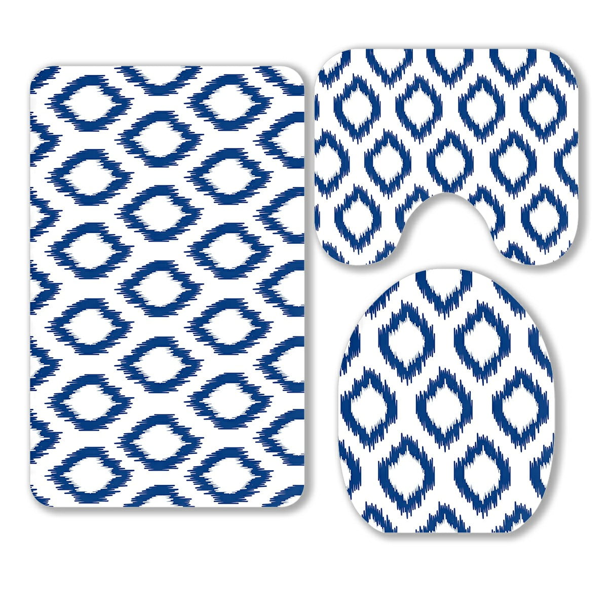 ABPHQTO Blue White Ikat Traditional Fabric 3 Piece Bathroom Rugs Set