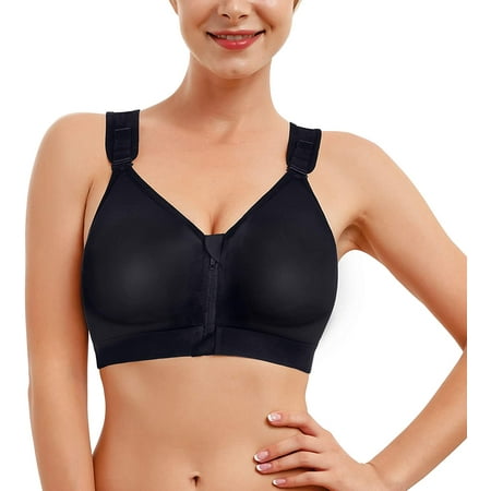 

Molutan Women Post-Surgical Bra Zip Front Post Surgery Sports Bras Racerback Support Wireless Adjustable Straps(Black XL)