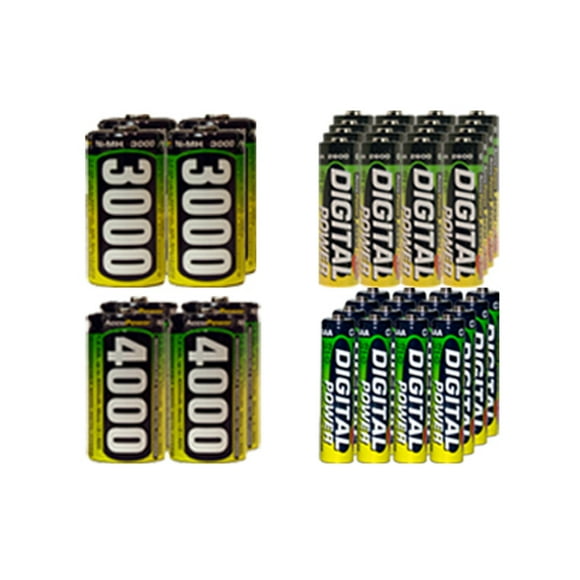 16 AA (2600 mAh) + 16 AAA (1200 mAh) + 4 C (3000 mAh) + 4 D (4000 mAh) NiMH AccuPower Batteries