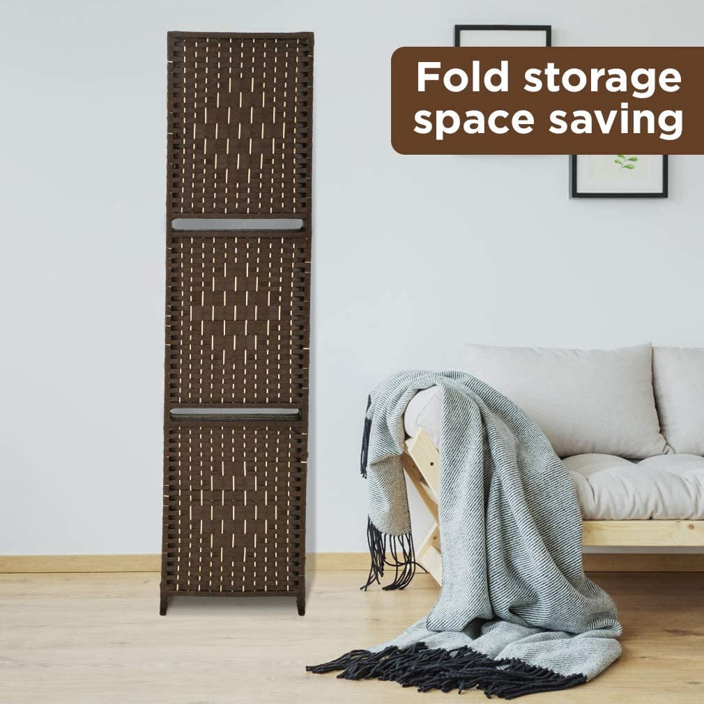 FDW 6 Panel Room Divider Wooden Portable Partition Screen Wood with Removable Storage Shelves Color, Brown