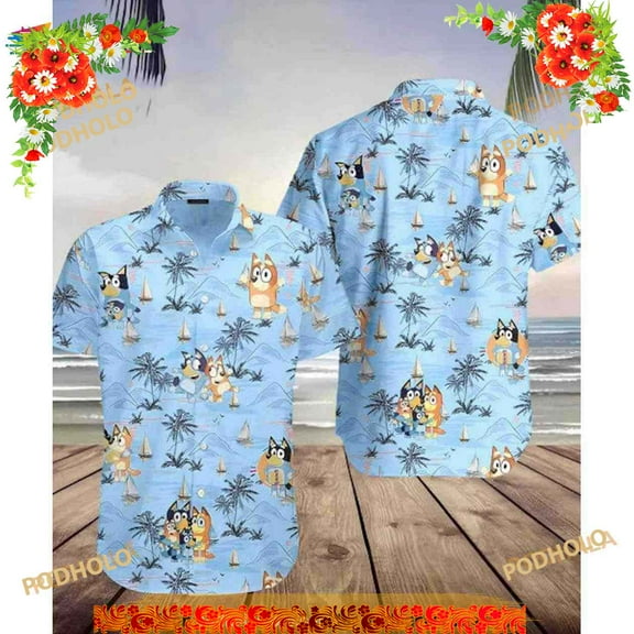 Bluey n Bingo Beach Hawaiian Shirt, Bluey Summer Beach Hawaii Button Shirt
