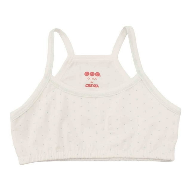 Corpiño Baby Creysi para Niña Estampado Puntos Blanco Talla M, corpiño infantil blanco con estampado de puntos grises, confeccionado en tela ligera con tirantes delgados y ajuste suave que brinda comodidad y soporte para el uso diario en actividades escolares y descanso.