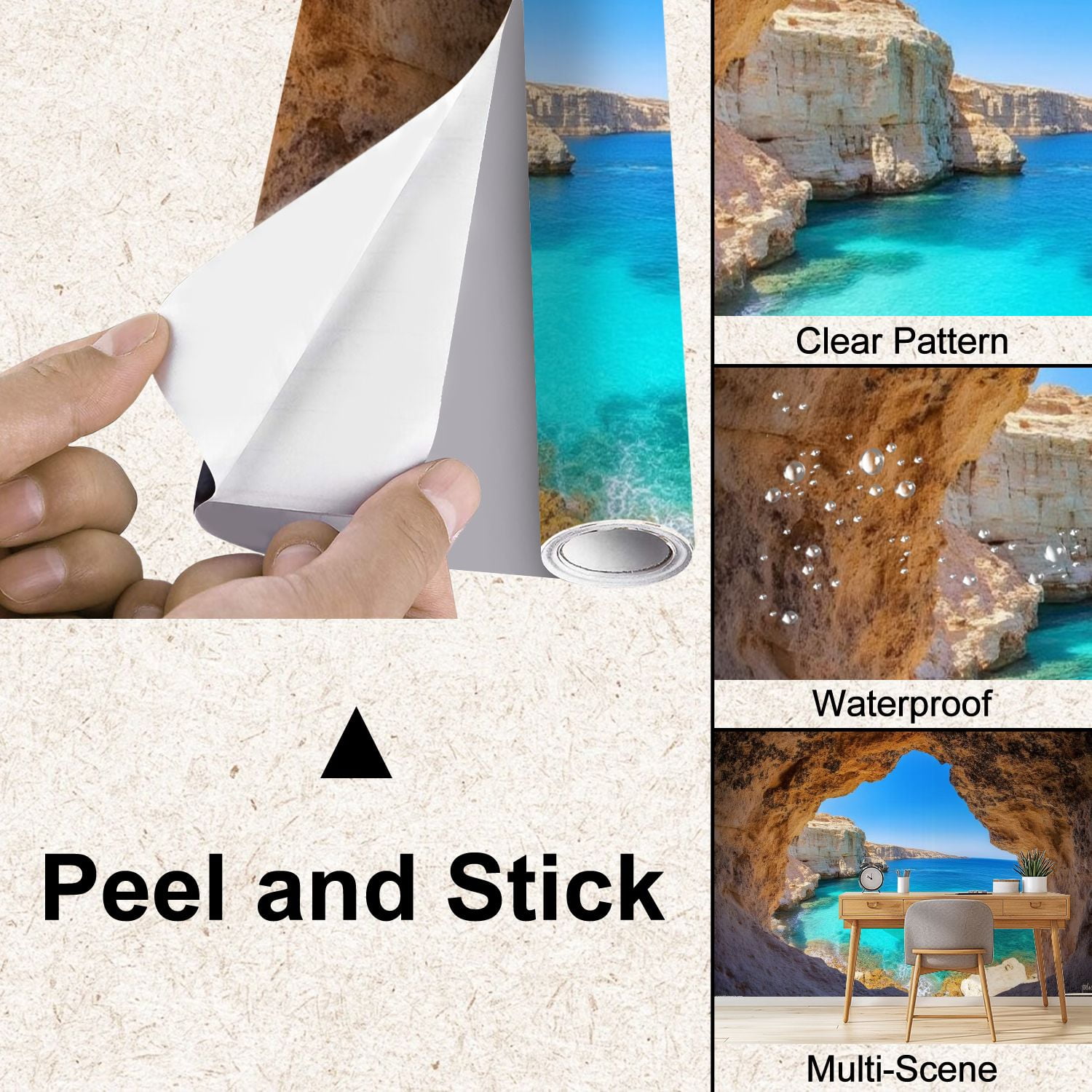 Peel and Stick Wallpaper Ocean Cave 3D Peel Stick Large Poster Kitchen Bedroom Living Room Home Modern Art Wall Mural Decor Self Adhesive and Removable 100in x 144in