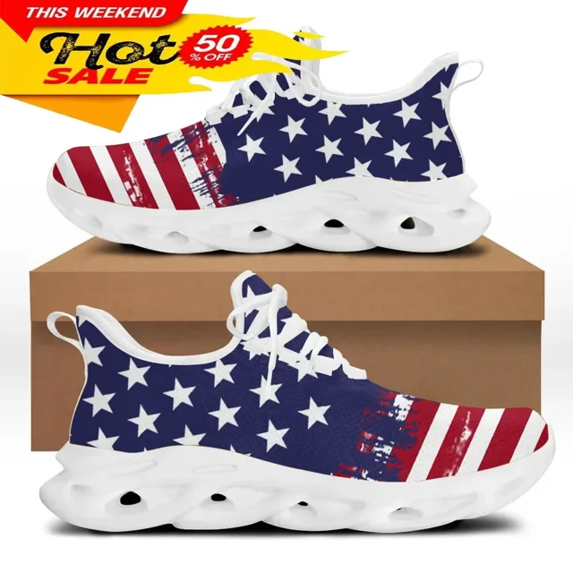 Zapatillas deportivas con diseño de bandera estadounidense para mujer, unisex, con cordones, estilo patriótico estadounidense, para primavera, viajes, senderismo, planas de uso diario.