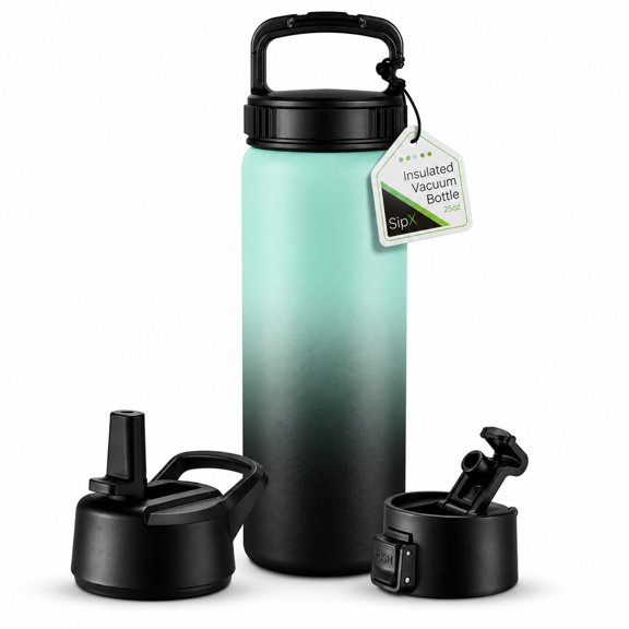 SipX™ 25 oz Insulated Water Bottle with 3 Lids – Leakproof Stainless Steel, Triple Insulated – Gradient Mint Black