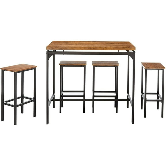 Benjaza 5-Piece 22" Wood & Metal Bar Table and Bar Stool in Black/Brown
