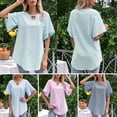 thumbnail image 3 of Camiseta informal para mujer, manga acampanada de encaje, pompón, camiseta holgada de manga corta co Abanopi Azul/Medio, 3 of 7