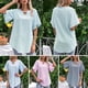 thumbnail image 3 of Camiseta informal para mujer, manga acampanada de encaje, pompón, camiseta holgada de manga corta co Abanopi Azul/Grande, 3 of 7