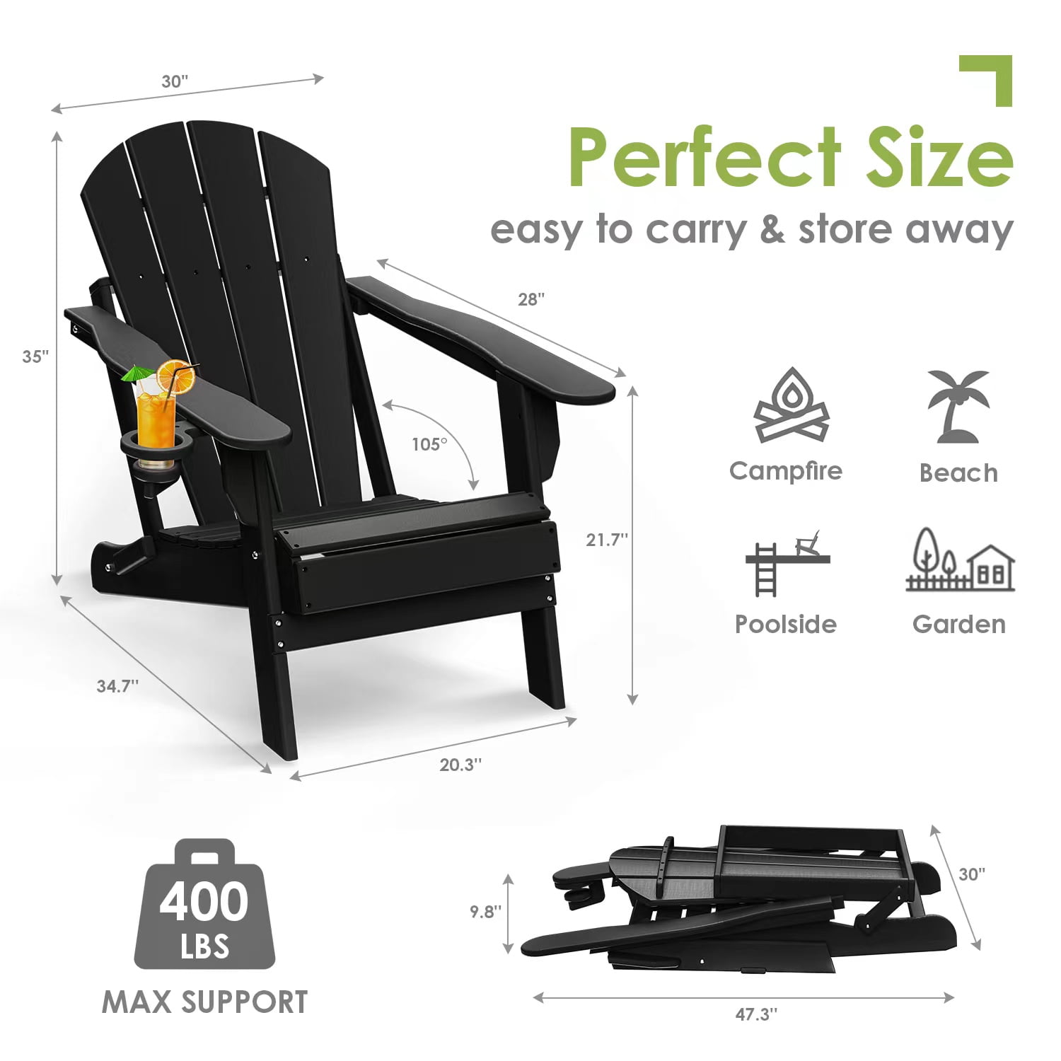 Folding Adirondack Chair HDPE Weather Resistant Patio Chairs w/Cup Holder for Fire Pit, Deck, Outdoor, Black(Set of 2)