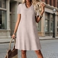 thumbnail image 2 of Laqbezok Women's V-Neck Short Sleeve Dress, Casual Cotton Linen Feel A-Line Sundress, Textured Solid Color Shift Dress with Back Zipper, 2 of 9