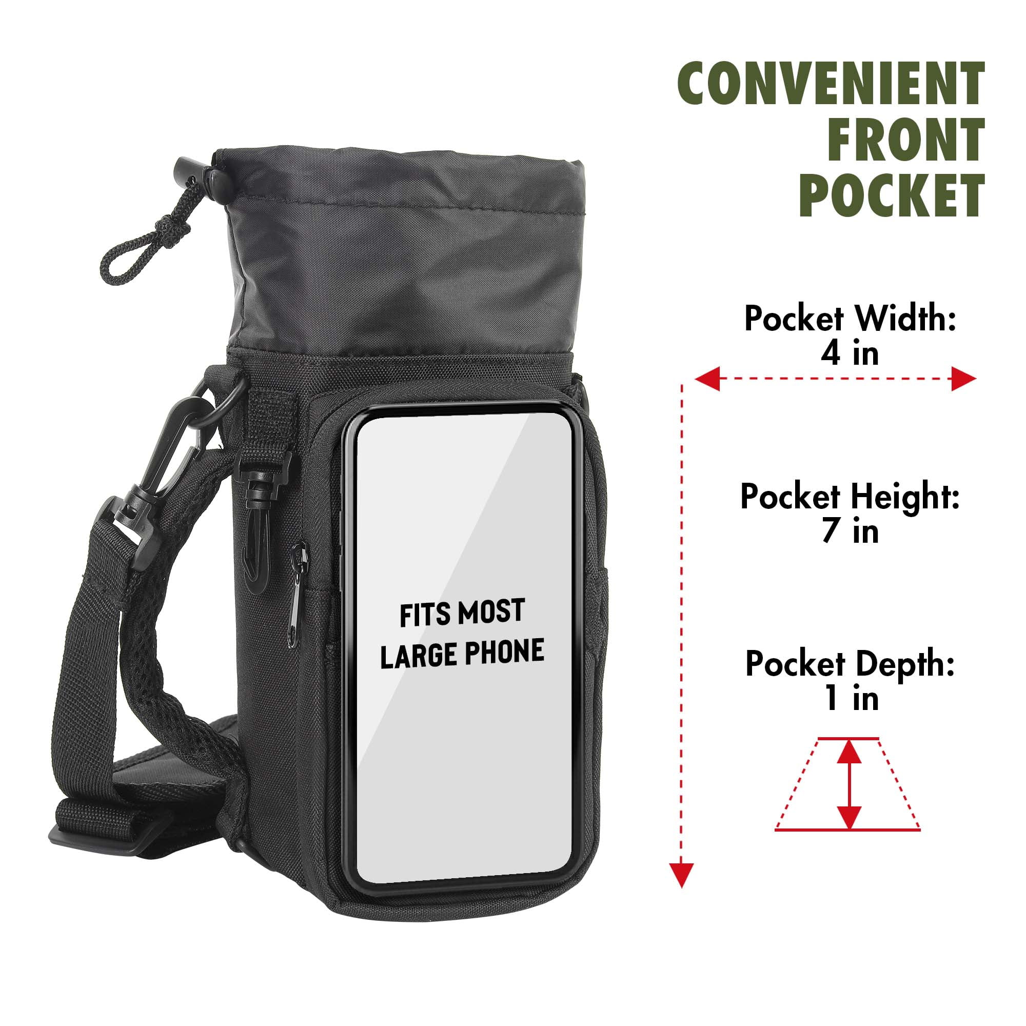 (3 pack) Ozark Trail 32-40 fl oz Water Bottle Sling with Shoulder Strap and Front Zipper Pocket, Black