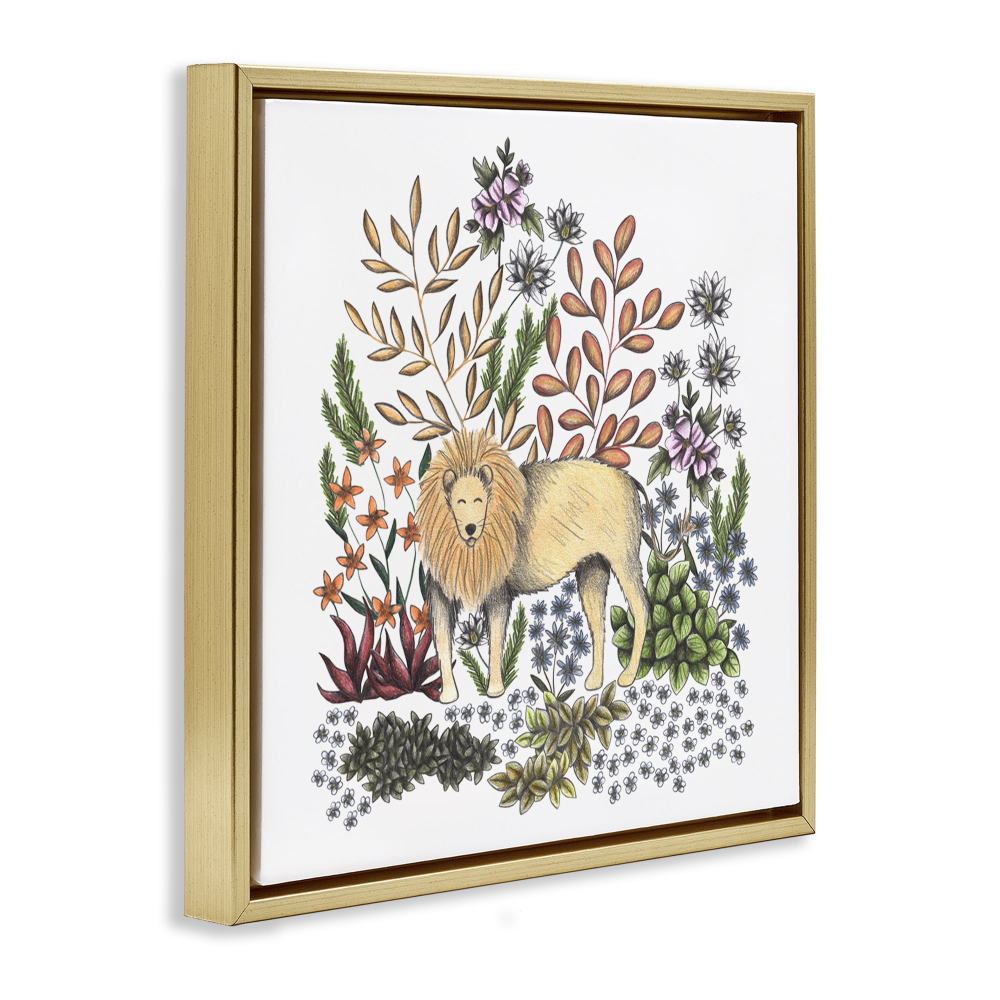 Jungle Wildlife Lion Gold Framed Floater Canvas Wall Art, design by Cecilia Battaini