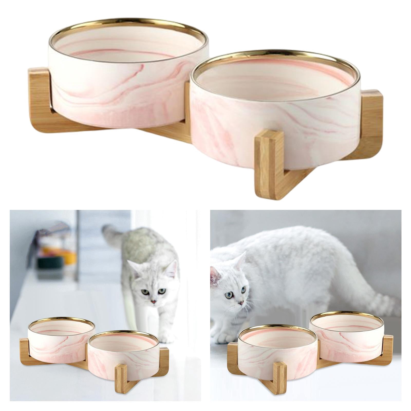 cat and dog Bowl Dish with Wood Stand Drinking Eating Feeding Bowl Food Container Cat Elevated Feeder Pet Bowl Cat Food Bowl Double Bowl