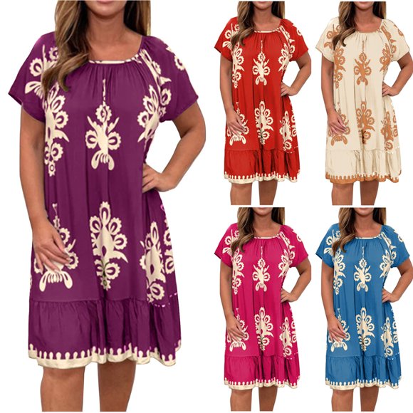 Sentmoon Womens Dress Oversized Short Sleeve Stretchy Dress for Wedding Guest with Print Loose Crew Neck Hawaiian Dresses for Women Summer Fashion Everyday Dress L