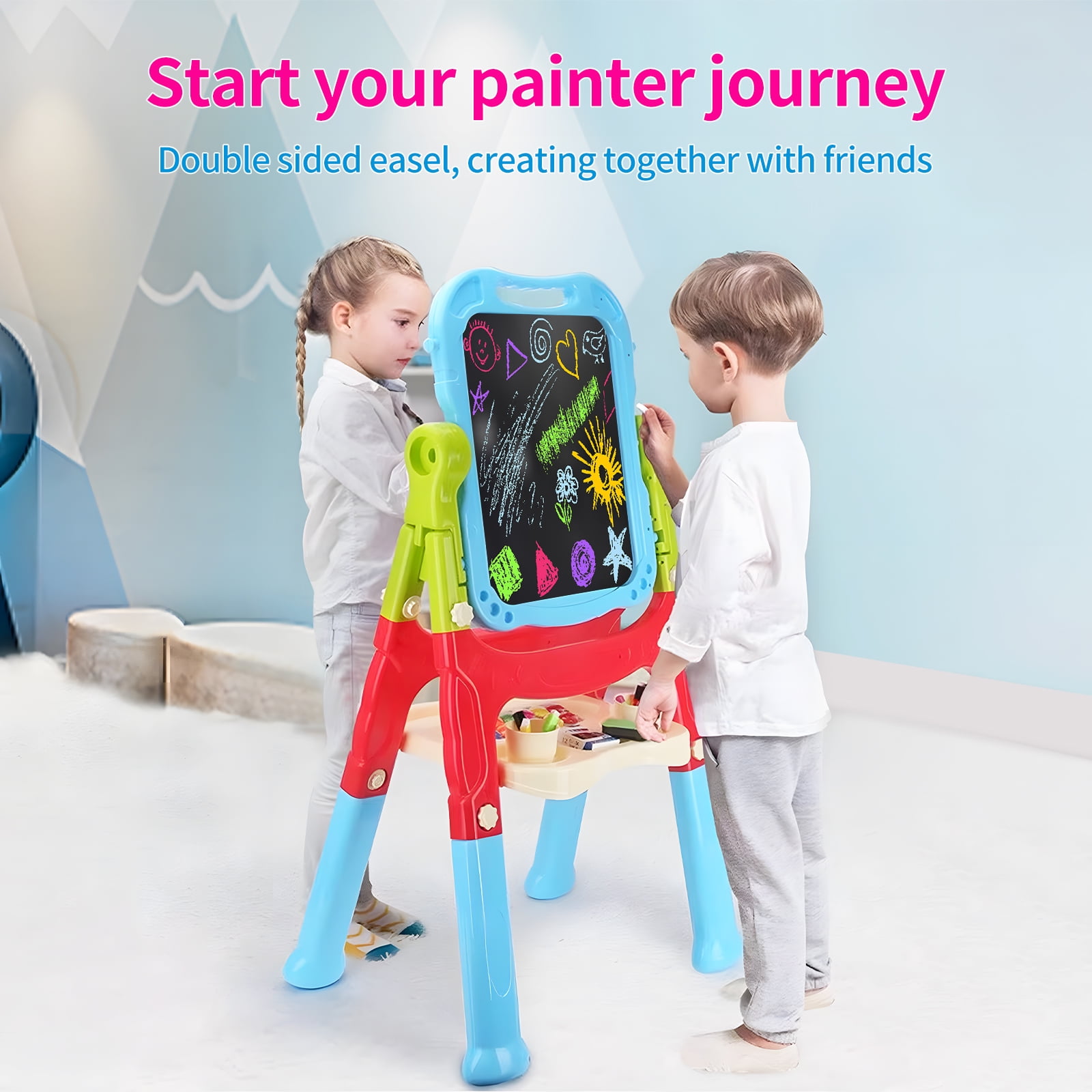 Carsky Double-Sided Kids Art Easel with Chalkboard Magnetic Board, Christmas Birthday Gift for Boys Girls Age 3+