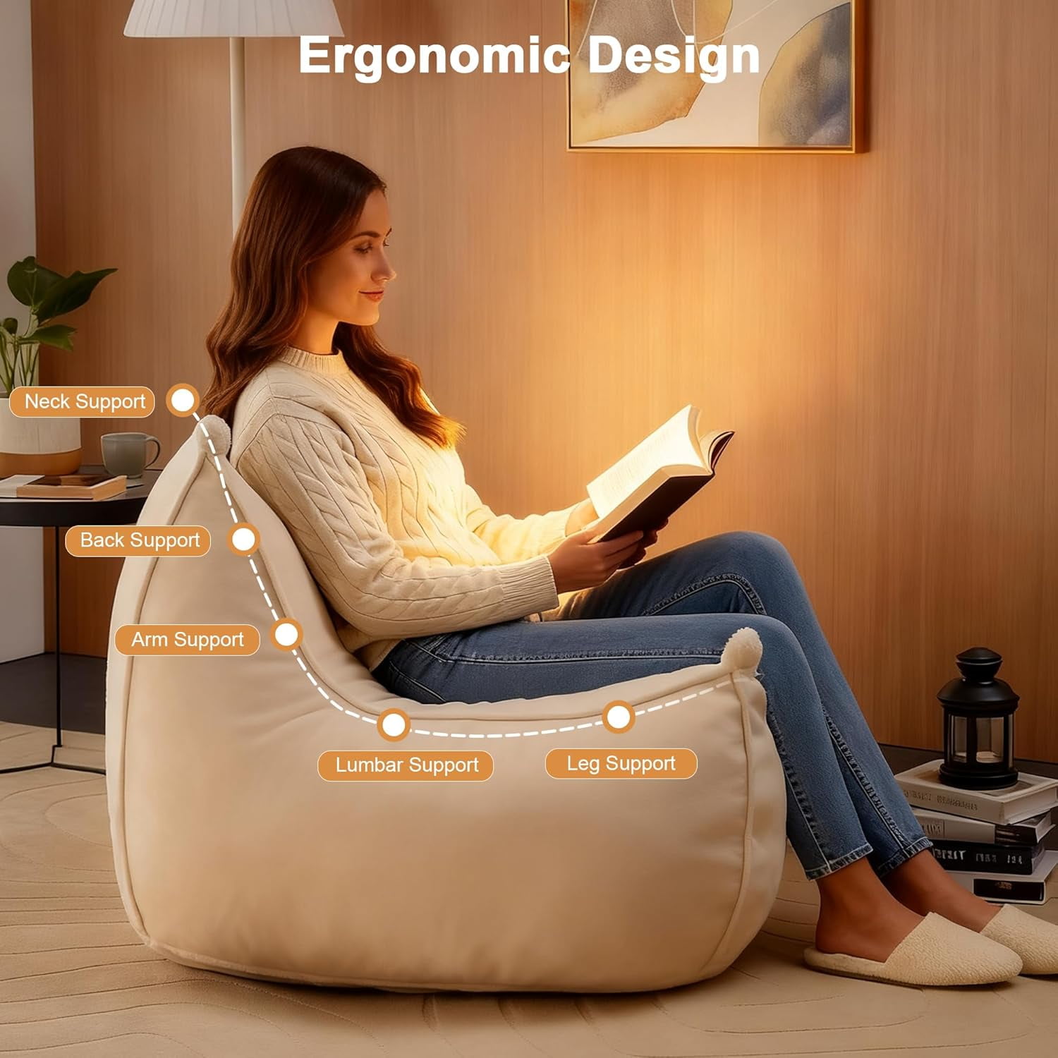 Giant Oversized Bean Bag Chair for Adults and Kids with Filler, Beige Boneless Sofa in a Box for Living Room or Bedroom