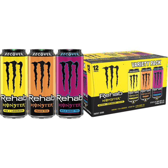 Monster Rehab Variety Pack, Lemon, Peach, Wild Berry Tea, 12 Count, 15.5 fl oz