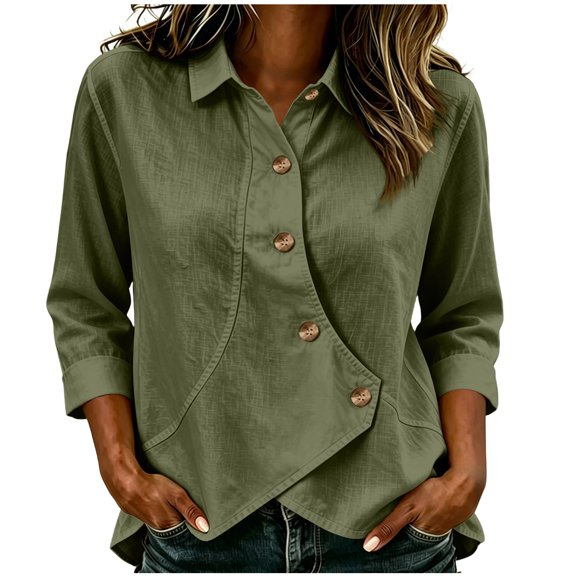 ATOYSOY Women Collared 3/4 Sleeve Asymmetric Button Down Shirt Irregular Curved Hem Linen Mix Loose Fitted Pullover Blouse Solid Color Casual Office Daily Travel Shopping Outfit