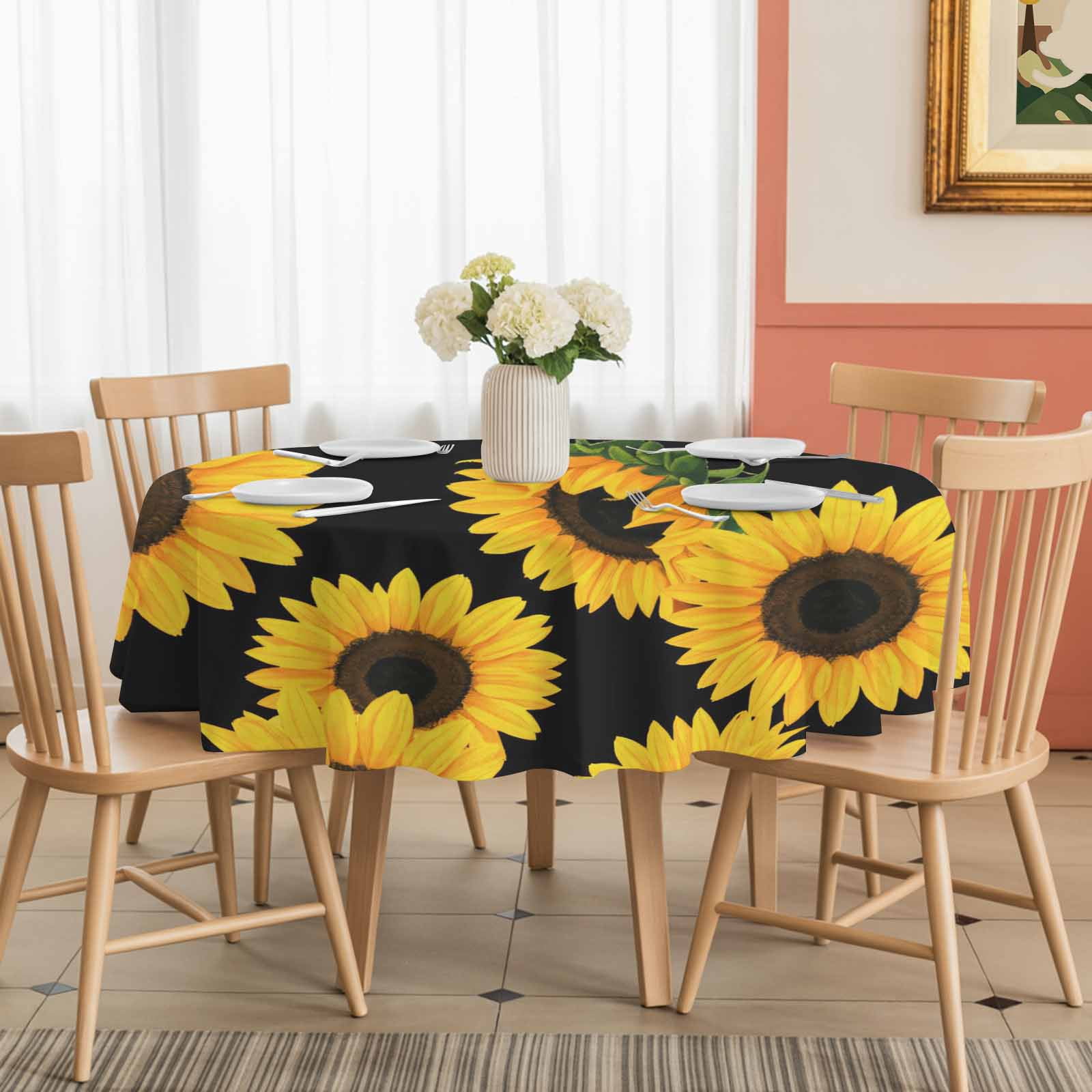 Round Tablecloth Black Sunflower Pattern Waterproof Oil Proof Polyester Table Cloth Cover Decor for Home Dining Outdoor,Patio,Parties, 60" Dia. Floral Print